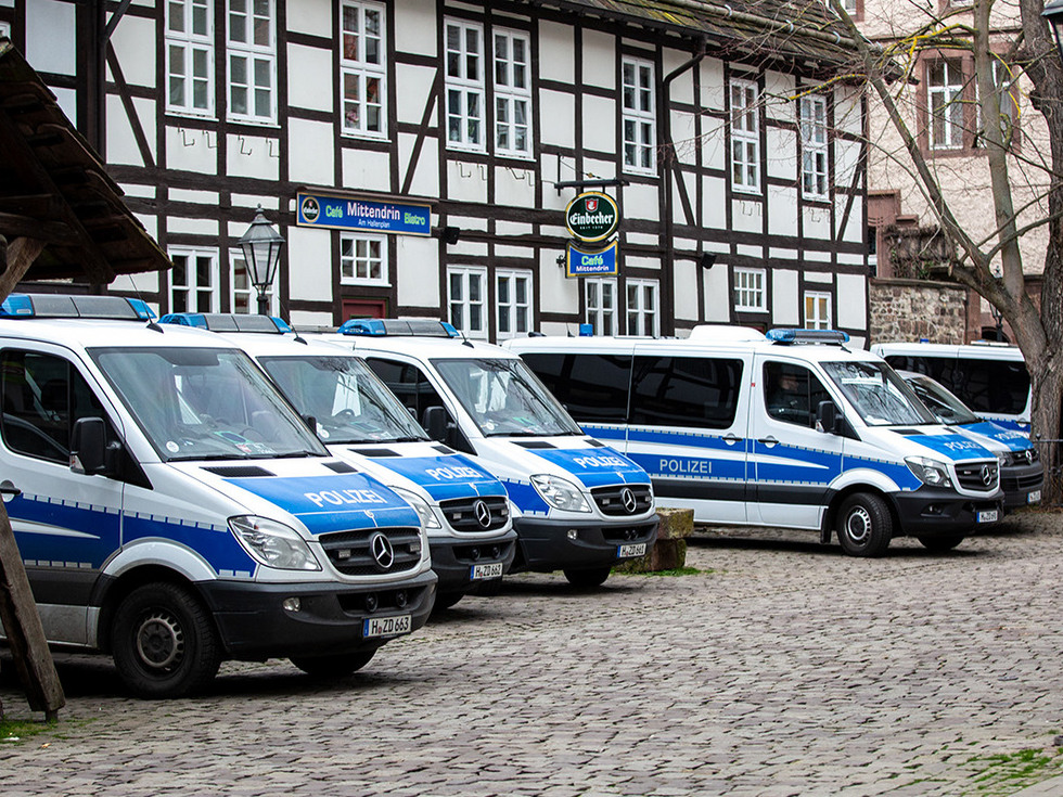 Police vehicles was parked during a demonstration in Einbeck